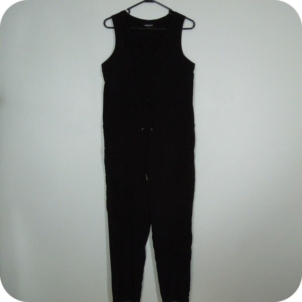 EXPRESS Jumpsuit MEDIUM Womens Black Sleeveless Drawstring Waist Hidden Buttons